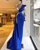 Royal Blue Beaded Crystal African Dresses Luxurious Aso Ebi Mermaid Prom Dress One Long Sleeve Formal Evening Party Gowns Split Floor Length