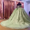 Sage Green Sweet 16 Quinceanera Dress Off Shoulder Appliqued Ball Gown Butterfly Tull Princess Party Birthday Dress Vestidos De
