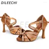 Dance Shoes Dileechi Latin Women Bronze Satin Rhinestones With Buckle Salsa Party Ballroom Dancing High Kuba Heel 9cm 2024