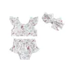 Dames badkleding 6m-3t kleuterschool kinder 3-delige zwempak met vliegende mouwen gestreepte gesplitste bikini set Seaside Summer Beach Headwar