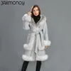 Jaxmonoy Femme's Cashmere Coat Luxury Fox Fur Trim Ladies Winter Belt Slim Long Trench Veste d'automne en laine solide