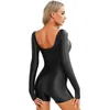 Womens Glossy Bodysuit Long Sleeve Stretchy Short Jumpsuit Swimwear Yoga Dance Bodybuilding Workout Tight Clubwear Nightwear