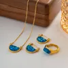 Necklace Earrings Set Blue Resin Pendant Ring For Women 2024 Scalloped Basket Fashion Jewelry Gift