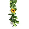 Декоративные цветы 180 см искусственной подсолнечники гирлянда желтый цветок с зелеными листьями виноградные виноград