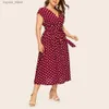 Grundläggande casual klänningar kvinnor plus klänning polka dot klänning plus storlek midje bälte klänning v hals korta ärmar wrap boho a-line casual klänningar för sommaren l49