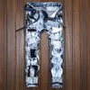 Snowflake Wash, Patchwork, Pressure Pleats, Elastic Beggars, Trendy Personality, Non Mainstream Motorcycle Jeans for Men