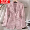 Frauenanzüge Frauen Mode beige Single Breasted Professional Plaid Blazer Coat Vintage Pink Long Sleeve Taschen Weibliche schicke Herbstwinte