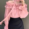 Camicette da donna primaverili rosa francese una spalla da camicia in chiffon da donna in stile coreano abbigliamento a maniche lunghe dolce