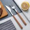Forks Stainless Steel Cutlery Set Western Korean Imitation Wooden Handle Steak Knife And Fork Household Long Spoon Fruit C