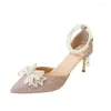 Dress Shoes Fashion Sandals Sequins Pointed Toe With Pearl Bow High Heels Ankle Wrap Silver Wedding Women