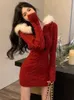 Casual Dresses Christmas Red Elegant Sweater Women Slim Fur Patchwork Hooded Knitted Dress Female Korean Fashion Warm Clothes 2024