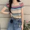 Rainbow Striped Sleeved Square Necked Knit T-shirt for Women's Summer Slim Fit and Slimming Short Top Instagram Trend