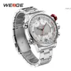 Weide Mens Sports Model Funzioni multiple Business Data Auto Settimana Analog LED Visualizzazione Alarm Allerte Watch Steel Strap Orologio da polso