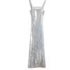 Casual jurken Sexy Sling Backless Silvery Maxi For Women 2024 Fashion High Taille Bodycon Mouwloze gewaden vrouwelijke avondfeestjurk