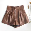 Women's Shorts Women Harajuku Genuine Leather Bud Pleated Falbala With Belt Femme High Waist Brown/Green Casual Mujer Sexy Booty