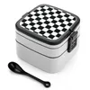Dinkware Black White Checkerboard Bento Box School Kids Office Office 2layers Contrast Contrast Classic Checkers