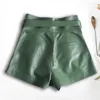 Women's Shorts Women Harajuku Genuine Leather Bud Pleated Falbala With Belt Femme High Waist Brown/Green Casual Mujer Sexy Booty