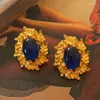 Stud Earrings HUANZHI Vintage Gold Color Leaves Wrap Oval Blue Drop Glaze Triangle Enamel Pearl Irregular Jewelry