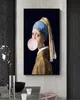 Flicka med pärlörhängen berömd konst canvas oljemålning reproduktioner flicka blåser rosa bubblor väggkonst affischer bild hem dekor2549921