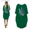 Basic Casual Dresses 2021 Autumn Midi Dress Floral Flower Print O Neck Long Slve Casual Loose Big Size Women Dresses With Pockets Vestidos Mujer 1 T240415