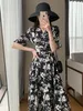 Casual Dresses Summer Girlish V-Neck Chiffon Long Dress Vintage Printed Waistband Slim Half Sleeves Temperament Fashion Mid-Calf Vestidos