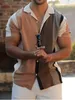 Men's Casual Shirts 2024 Summer Striped Cardigan Short Sleeve Polo Collar Plus Size Loose Shirt Men T-Shirt