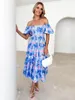 Party Dresses Ladies Printed Bubble Sleeve Boat Neck High Waist A-line Dress Street Sweet And Fresh Summer