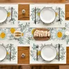 Table Mats 4PCS Spring Green Flowers Running Chrysanthemum Western Placemat Linen Printed Heat Woven Chargers For Dinner Plates