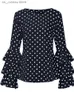 Kvinnors blusar skjortor 5xl plus size polka dot womens topps and bluses casual long lantern slve o nacke löst kvinnlig tunika 2023 sommarhöst pullover t240412