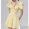 Urban Sexy Dresses Party Sweet Women Lace Trim Yellow Dress Vintage Puff Sleeve Ladies A-Line Mini Summer Lacing Up Robe Drop Delivery Dhmcx