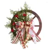 Decorative Flowers Christmas Wooden Wagon Wheel Wreath Winter Pine Needle Bowknot Pendant Ornament For Front Door Wall Drop