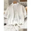 Womens Blouses Shirts Short Sleeve White Chiffon Women Korean Style Turn-Down Collar Lace-Up Button Design Office Lady Tops Drop Deliv Dh49W