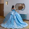 Небо синий блеск с плеча хрустальный шариковой платье с бусингом Quinceanera Appliques кружевные ленты Tul