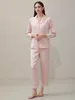 Thuiskleding Pure zijde roze gestreepte button up dames pyjama 2 stks kanten trim lange slijtage