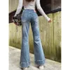 Women's Leggings Autumn Light Blue Jeans Flare Leg Style Thin Fleece Composite Denim Cotton Fabric with Embroidery on the Back