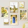 Spring Sunflower Windmill Farmhouse Rural Plant Flower Wall Art Art Tailvas PEINTURE Affiche jaune pour le salon décor