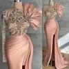 Elegante pure pure een lange mouw zeemeermin prom jurken voorste split sweep trein roze satijn formele avond gelegenheid jurken gewaad bc14568