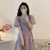 Maternity Dresses Korean Style Summer Maternity Puff Sleeve Chiffon Dress High Waist O-Neck Pregnant Woman Lightweight Ball Gown Dress Blue Purple 240412