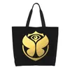 ショッピングバッグ再利用可能な金色の明日の音楽バッグ女性キャンバスショルダートート耐久食料品店の買い物客