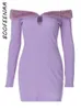 Casual Dresses BOOFEENAA Fuzzy Off Shoulder Long Sleeve Dress For Women's Clothing 2024 Spring Fashion Sexy Short Purple White C15-CH31