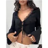 Chemises pour femmes chemises pour femmes recadrage à manches longues tops en dentelle Trime à cils à cravate avant cardigan décontracté pour club streetwear caillot esthétique dhzor