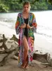 Basic Casual Dresses Bohemian Printed Plus Size Batwing Slve Belt Long Kimono Dresses Summer 2024 Women Loose Beachwear Swim Suit Cover Up Q1512 T240412