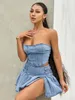 WSEVYPO RETRO BLAUWE DENIM TWOEPKEUW ROK SUITS ZOMER OFF OFF WOUDER BANDER BANDEAU Corset Corset Corset Crop Topshigh Taille Mini geplooide rokken sets 240412