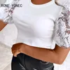 Women's Blouses Women Chic Solid Round Neck Short Sleeves Lace Patchwork Bodycon Sexy White Blouse Tops