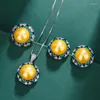 Necklace Earrings Set Korean Fashion White Pearl Pendant Silver Needle Emerald Crystal Rings Women's Jewelry Pure Elegant Accessory