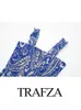 Trafza Women Fashion Blue et blanc Imprimé vintage Robe glissante ruée lâche décontractée Slim sans dos et robe