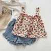 Vêtements Sets Girls Suit 2023 Nouveau Summer Baby Girl Girl sans manches Tops Sling Shirts + Denim Shorts mignons Cléments en deux pièces costumes Y240412