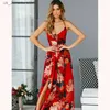 Robes décontractées de base Robe maxi florale arrière rouge arrière 2023Summer Femmes Sexy Party Spaghetti Strap Sundren Boho Beach High Weist Murffon Robe Vestidos 1 T240415