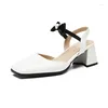 Dress Shoes Oversize Large Size Big High-heeled Square Toe Thick Heel Bow Decoration Single Shoe Is Sweet