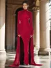 Casual Dresses Elegant Fashion High Neck Long Sleeve Maxi For Women Sexy Red Lace Up Ruched Bodycon Knitted Runway Evening Party Dress